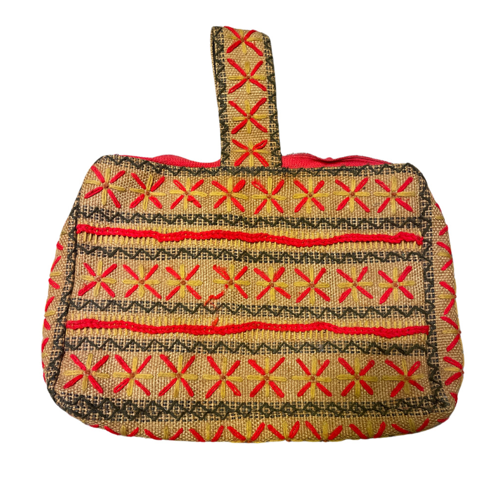 Vintage 70s Embroidered Burlap Handbag 1970s Woven Purse Boho Shoulder Bag